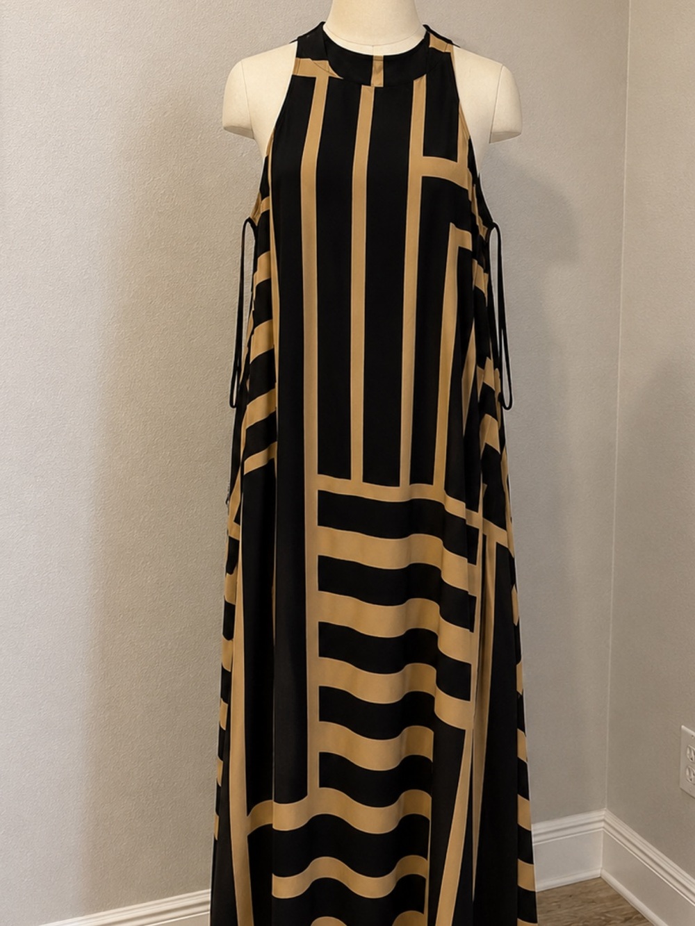 Donna Morgan Black and Tan Geometric Halter Maxi Dress